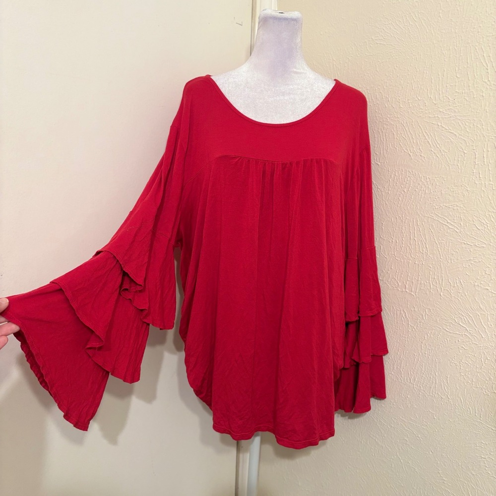 Vtg Y2K With Love Red Tiered Ruffle Bell Sleeve Tunic Top 1X Fairy Boho Hippie